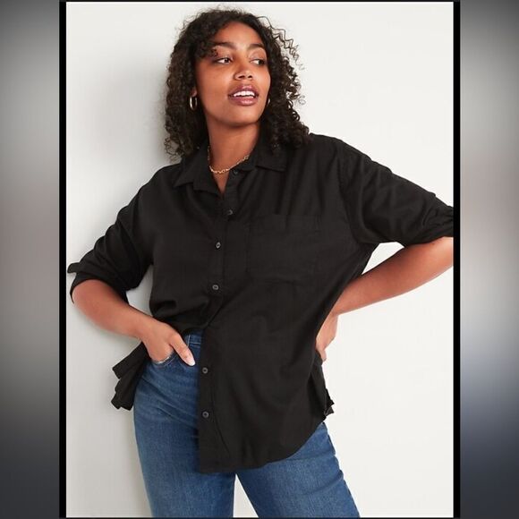 Old Navy The Boyfriend Shirt Black Jqck Long Sleeve Button down Soft - Picture 1 of 14